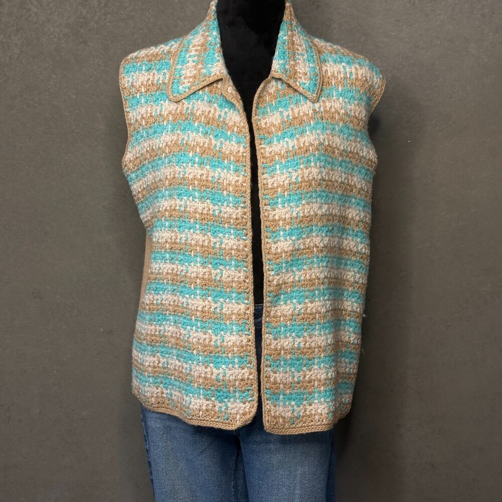 Cove Crafts Scotland Wool Striped Vest Handmade Turquoise Cream Collared